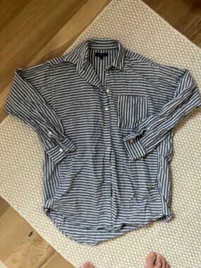 Madewell Blue and White Herringbone/Stripe Stretch Classic Oxford
